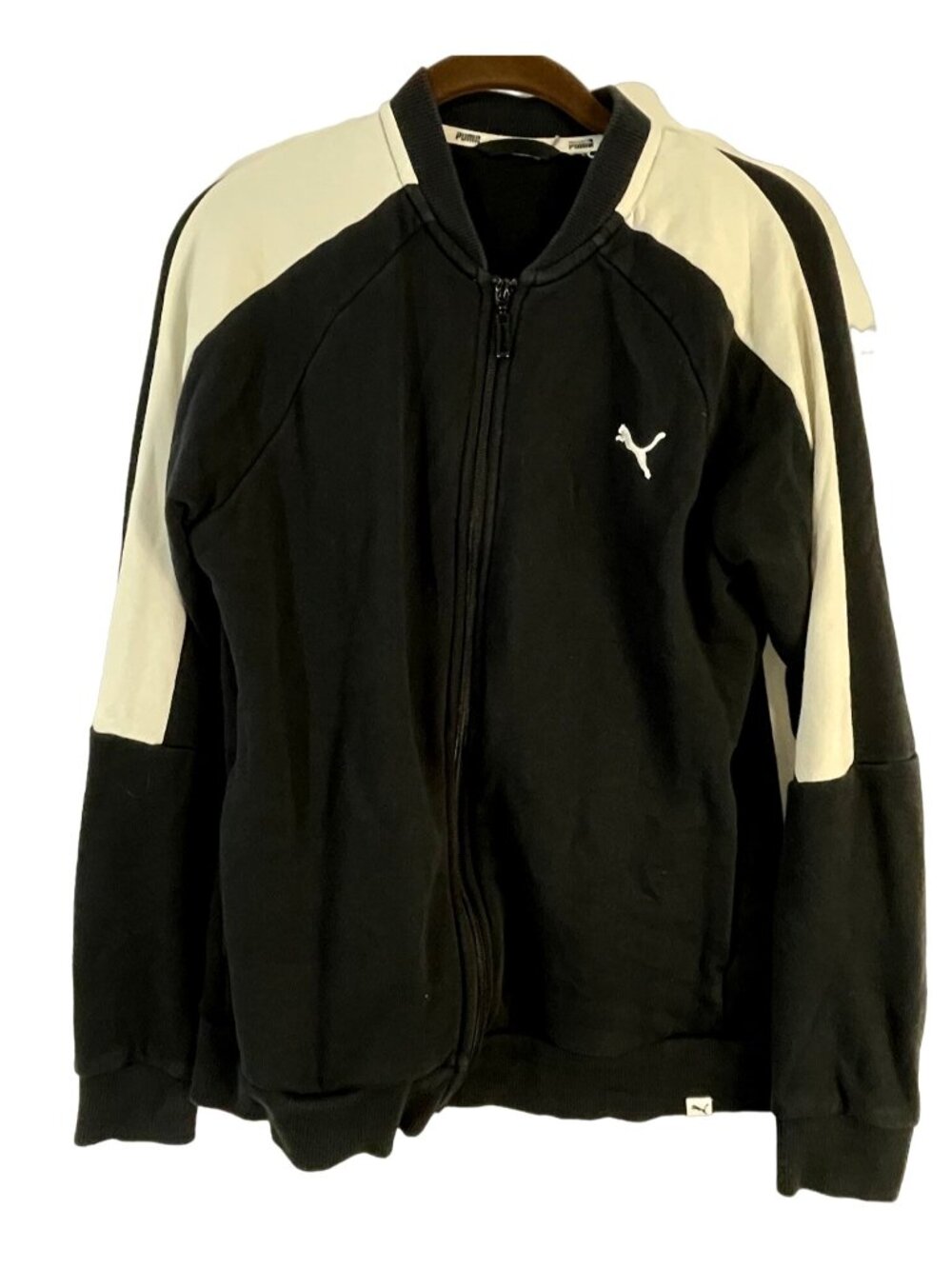 Puma sweater zip up pockets white shoulders no size tag black white medium READ